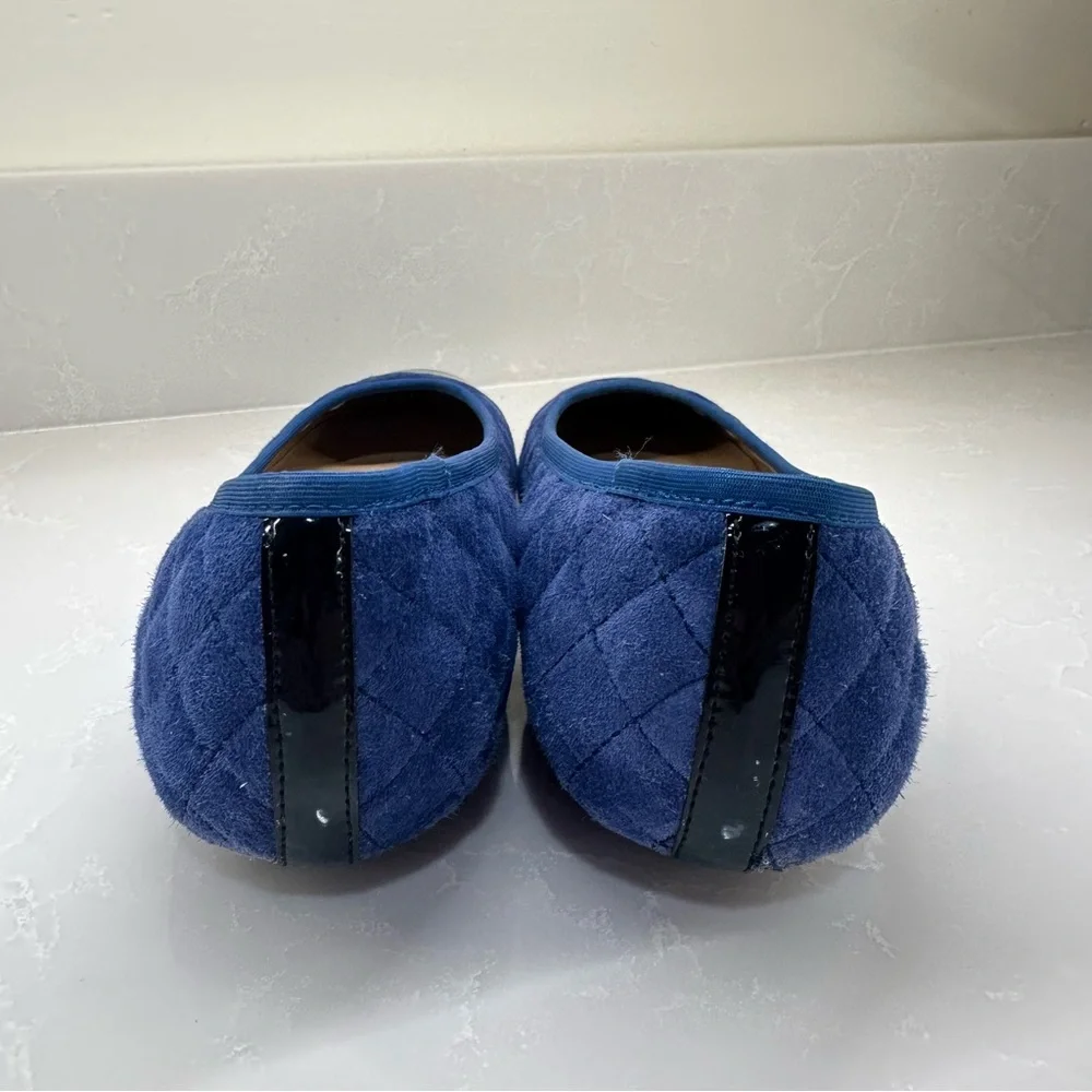 Neiman Marcus Quilted Suede Ballet Flats Navy Blue Black Patent Cap Toe Size 8